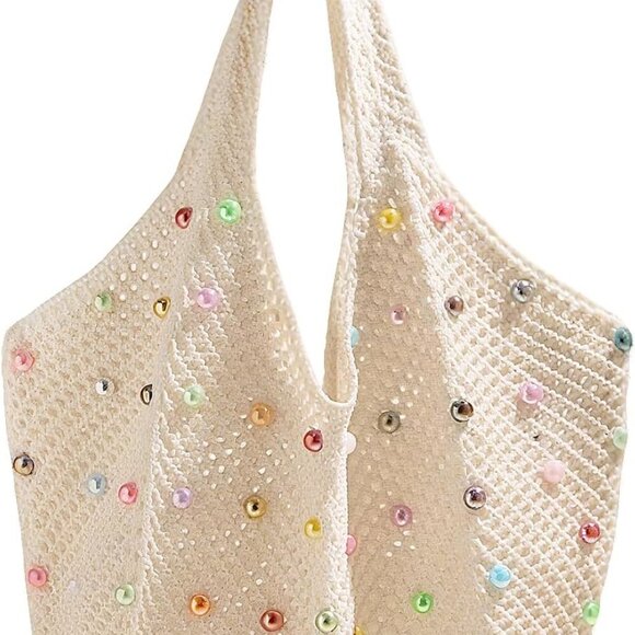 Boho Crochet Beach Bag Tote Large Capacity Summer Travel Gift - Picture 1 of 8